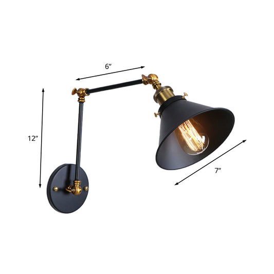Conic Study Room Wall Sconce Industrial Metallic 1 Bulb Black/Brass Wall Lamp with Swing Arm Clearhalo 'Art deco wall lights' 'Cast Iron' 'Glass' 'Industrial wall lights' 'Industrial' 'Middle century wall lights' 'Modern' 'Rustic wall lights' 'Tiffany' 'Traditional wall lights' 'Wall Lamps & Sconces' 'Wall Lights' Lighting' 209094