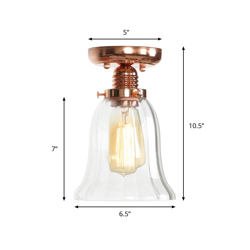 1 Light Ceiling Light Fixture with Cone/Barrel/Bell Shade Clear Glass Industrial Living Room Semi Flush in Copper Clearhalo 'Ceiling Lights' 'Close To Ceiling Lights' 'Close to ceiling' 'Glass shade' 'Glass' 'Semi-flushmount' Lighting' 209100