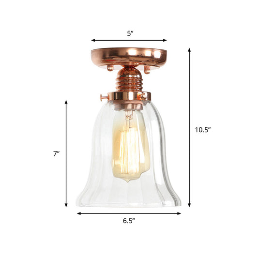1 Light Ceiling Light Fixture with Cone/Barrel/Bell Shade Clear Glass Industrial Living Room Semi Flush in Copper Clearhalo 'Ceiling Lights' 'Close To Ceiling Lights' 'Close to ceiling' 'Glass shade' 'Glass' 'Semi-flushmount' Lighting' 209100