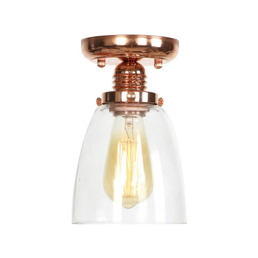 1 Light Ceiling Light Fixture with Cone/Barrel/Bell Shade Clear Glass Industrial Living Room Semi Flush in Copper Clearhalo 'Ceiling Lights' 'Close To Ceiling Lights' 'Close to ceiling' 'Glass shade' 'Glass' 'Semi-flushmount' Lighting' 209103