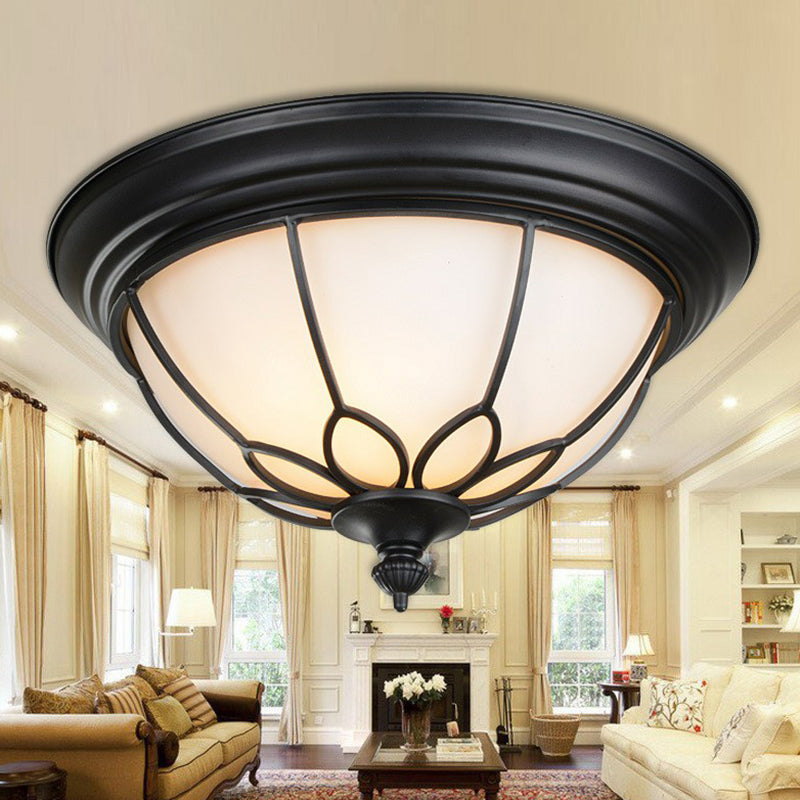2 Bulbs Flush Mount Lighting Retro Floral Iron Flush Mount Ceiling Light with Bowl Opal Glass Shade in Black Black Clearhalo 'Ceiling Lights' 'Close To Ceiling Lights' 'Close to ceiling' 'Flush mount' Lighting' 2091423