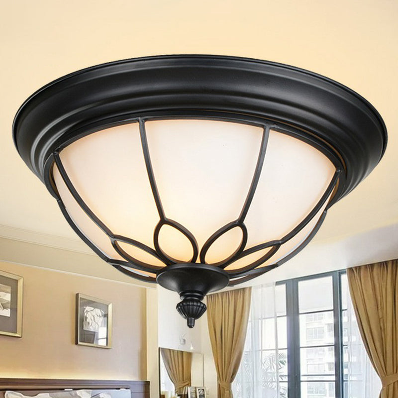 2 Bulbs Flush Mount Lighting Retro Floral Iron Flush Mount Ceiling Light with Bowl Opal Glass Shade in Black Clearhalo 'Ceiling Lights' 'Close To Ceiling Lights' 'Close to ceiling' 'Flush mount' Lighting' 2091424