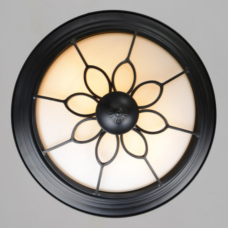2 Bulbs Flush Mount Lighting Retro Floral Iron Flush Mount Ceiling Light with Bowl Opal Glass Shade in Black Clearhalo 'Ceiling Lights' 'Close To Ceiling Lights' 'Close to ceiling' 'Flush mount' Lighting' 2091425