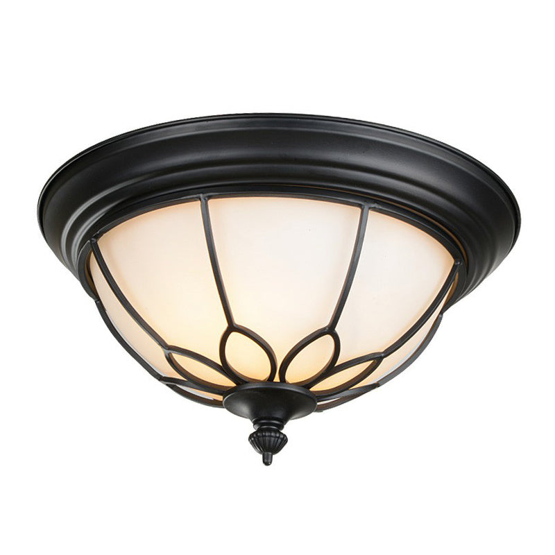 2 Bulbs Flush Mount Lighting Retro Floral Iron Flush Mount Ceiling Light with Bowl Opal Glass Shade in Black Clearhalo 'Ceiling Lights' 'Close To Ceiling Lights' 'Close to ceiling' 'Flush mount' Lighting' 2091427