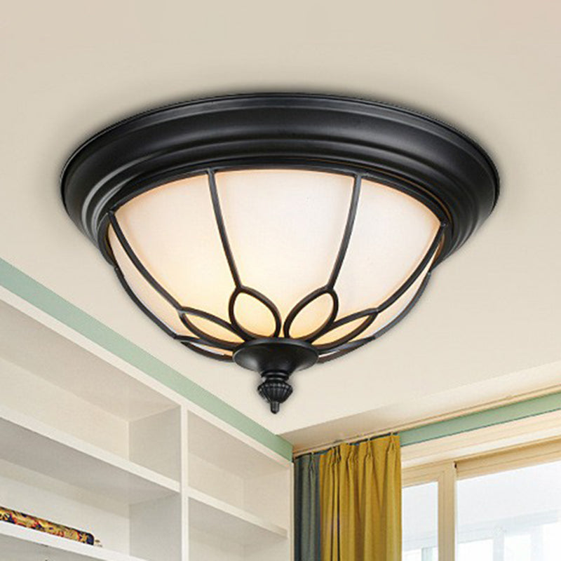 2 Bulbs Flush Mount Lighting Retro Floral Iron Flush Mount Ceiling Light with Bowl Opal Glass Shade in Black Clearhalo 'Ceiling Lights' 'Close To Ceiling Lights' 'Close to ceiling' 'Flush mount' Lighting' 2091428