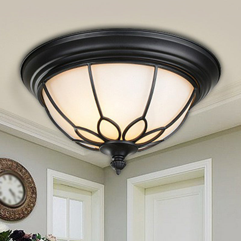 2 Bulbs Flush Mount Lighting Retro Floral Iron Flush Mount Ceiling Light with Bowl Opal Glass Shade in Black Clearhalo 'Ceiling Lights' 'Close To Ceiling Lights' 'Close to ceiling' 'Flush mount' Lighting' 2091430