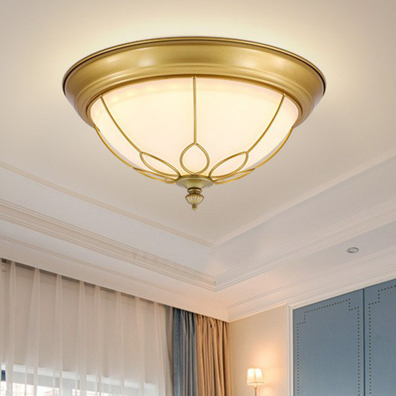 Dome Milky Glass Flush Light Rustic Bedroom LED Flush Ceiling Light Fixture with Floral Frame in Gold Clearhalo 'Ceiling Lights' 'Close To Ceiling Lights' 'Close to ceiling' 'Flush mount' Lighting' 2091432