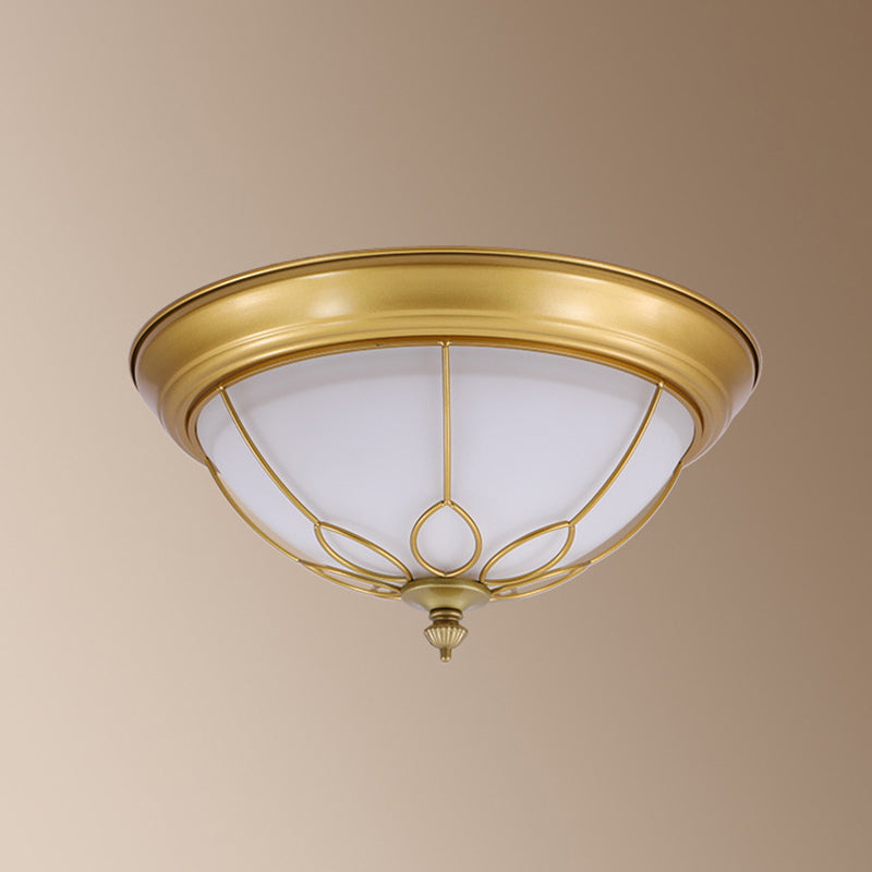 Dome Milky Glass Flush Light Rustic Bedroom LED Flush Ceiling Light Fixture with Floral Frame in Gold Clearhalo 'Ceiling Lights' 'Close To Ceiling Lights' 'Close to ceiling' 'Flush mount' Lighting' 2091434