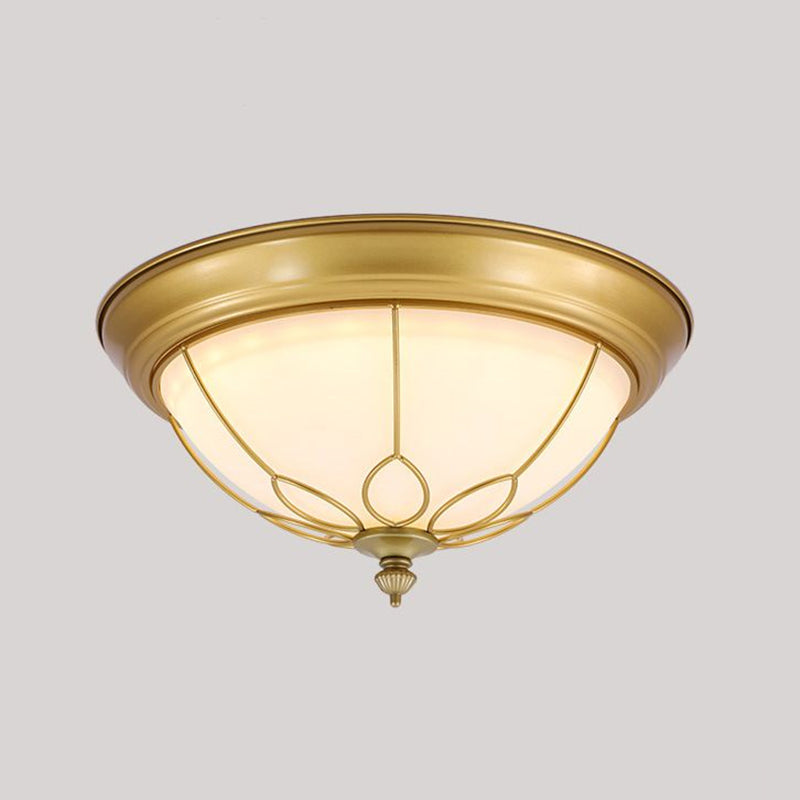Dome Milky Glass Flush Light Rustic Bedroom LED Flush Ceiling Light Fixture with Floral Frame in Gold Clearhalo 'Ceiling Lights' 'Close To Ceiling Lights' 'Close to ceiling' 'Flush mount' Lighting' 2091435