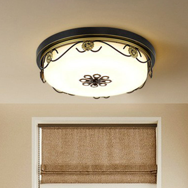 Rustic Drum Shaped LED Flush Light Opal Glass Flush Ceiling Light Fixture with Decorative Flower Black Clearhalo 'Ceiling Lights' 'Close To Ceiling Lights' 'Close to ceiling' 'Flush mount' Lighting' 2091499