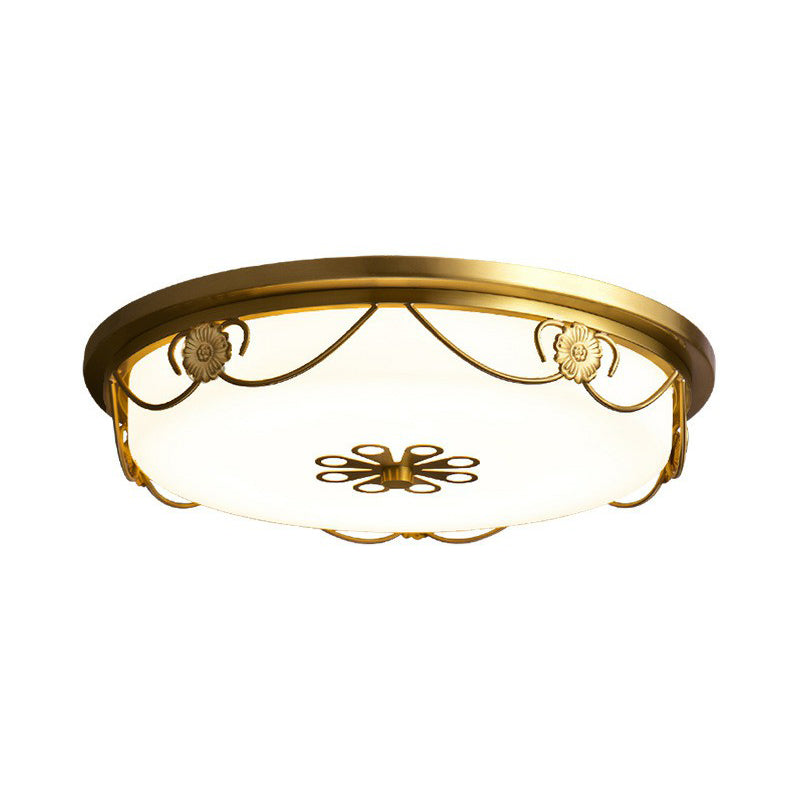 Rustic Drum Shaped LED Flush Light Opal Glass Flush Ceiling Light Fixture with Decorative Flower Gold Clearhalo 'Ceiling Lights' 'Close To Ceiling Lights' 'Close to ceiling' 'Flush mount' Lighting' 2091504