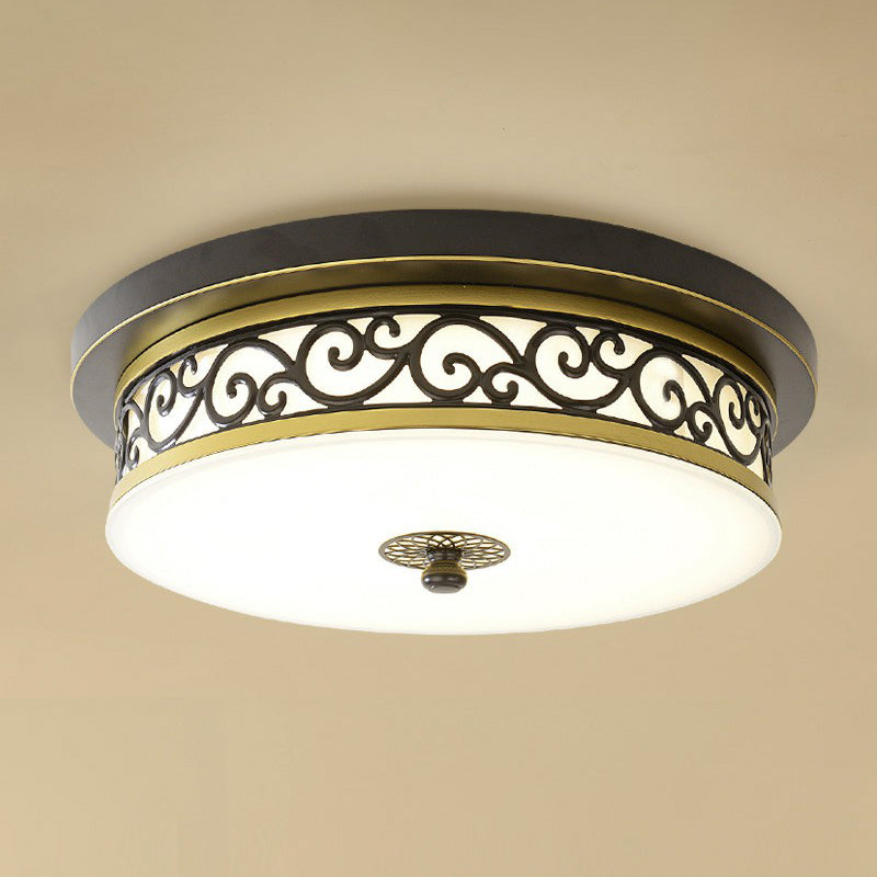 Frost Glass Drum Shaped LED Flush Ceiling Light Vintage Living Room Flush Mount Lighting Fixture Black Clearhalo 'Ceiling Lights' 'Close To Ceiling Lights' 'Close to ceiling' 'Flush mount' Lighting' 2091513