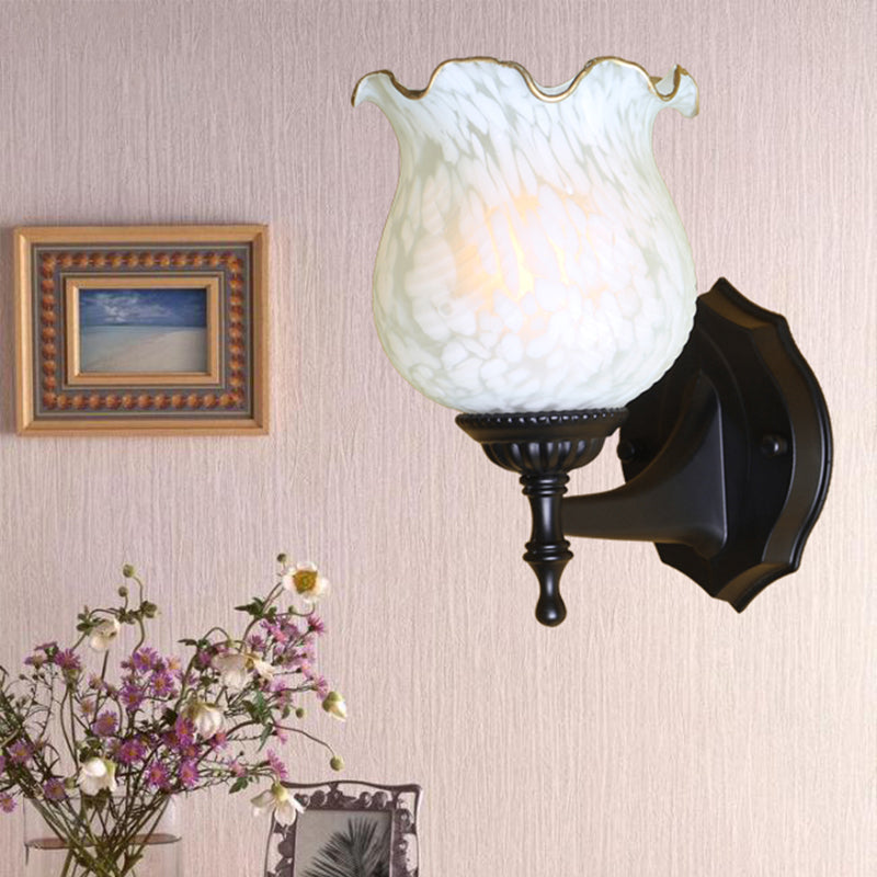 Single-Bulb Wall Light Vintage Bell Frost Glass Wall Light Fixture in Black for Corridor Black D Clearhalo 'Wall Lamps & Sconces' 'Wall Lights' Lighting' 2091534
