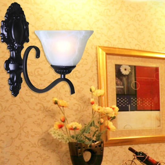 Single-Bulb Wall Light Vintage Bell Frost Glass Wall Light Fixture in Black for Corridor Black E Clearhalo 'Wall Lamps & Sconces' 'Wall Lights' Lighting' 2091535