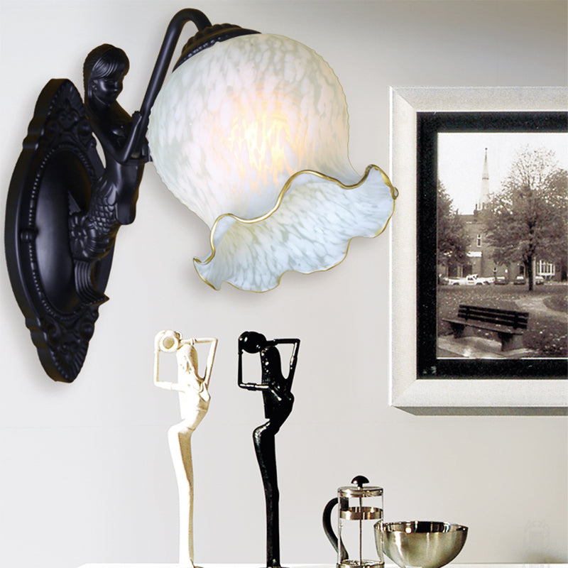 Single-Bulb Wall Light Vintage Bell Frost Glass Wall Light Fixture in Black for Corridor Black F Clearhalo 'Wall Lamps & Sconces' 'Wall Lights' Lighting' 2091536