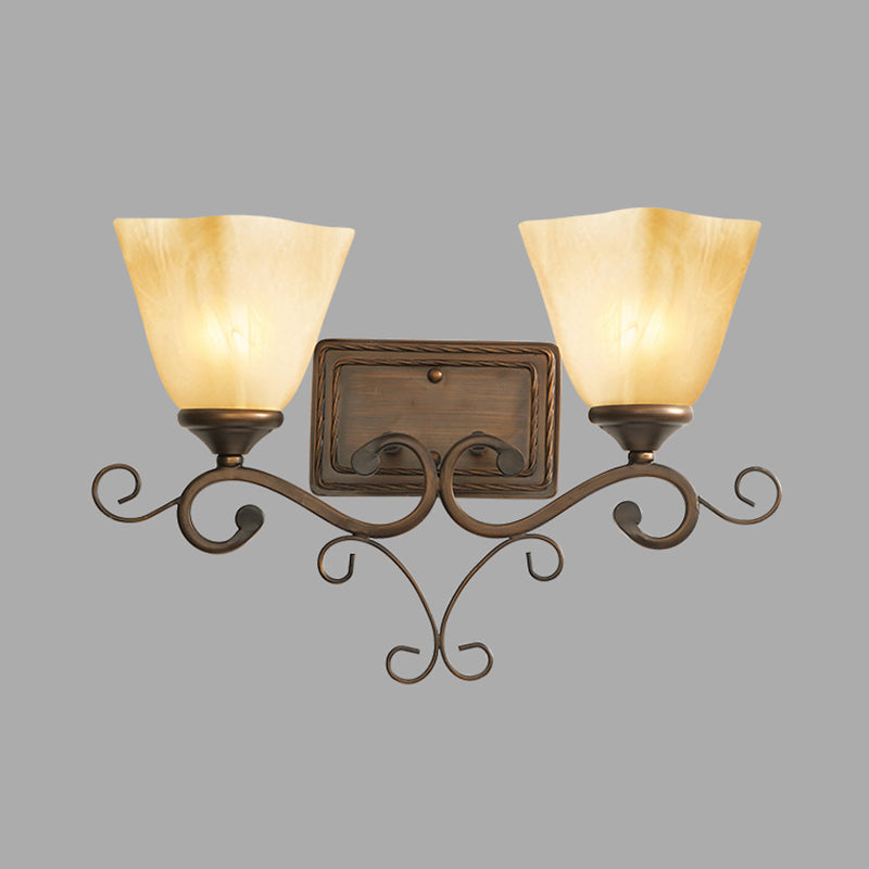 Beige Glass Bell Shaped Wall Lamp Rustic 2 Heads Bedroom Wall Light Fixture in Brown Brown Clearhalo 'Wall Lamps & Sconces' 'Wall Lights' Lighting' 2091537