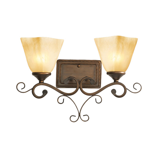 Beige Glass Bell Shaped Wall Lamp Rustic 2 Heads Bedroom Wall Light Fixture in Brown Clearhalo 'Wall Lamps & Sconces' 'Wall Lights' Lighting' 2091539