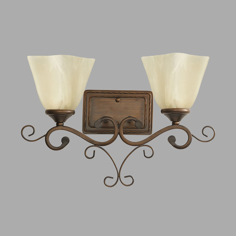 Beige Glass Bell Shaped Wall Lamp Rustic 2 Heads Bedroom Wall Light Fixture in Brown Clearhalo 'Wall Lamps & Sconces' 'Wall Lights' Lighting' 2091540