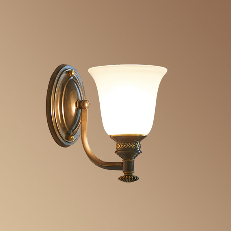 Brass Bell Wall Light Classic White Frost Glass Bedside Wall Mount Light Fixture Clearhalo 'Wall Lamps & Sconces' 'Wall Lights' Lighting' 2091550