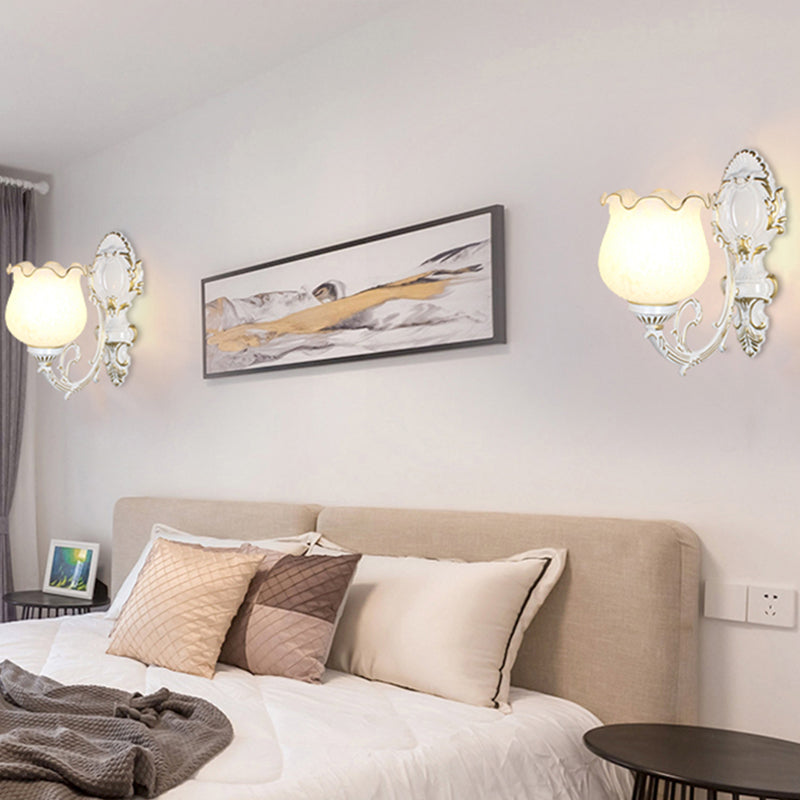 Traditional Flower Wall Mount Light Frost Glass Wall Light Fixture with Ruffle Trim for Corridor 1.0 White-Gold Clearhalo 'Wall Lamps & Sconces' 'Wall Lights' Lighting' 2091596