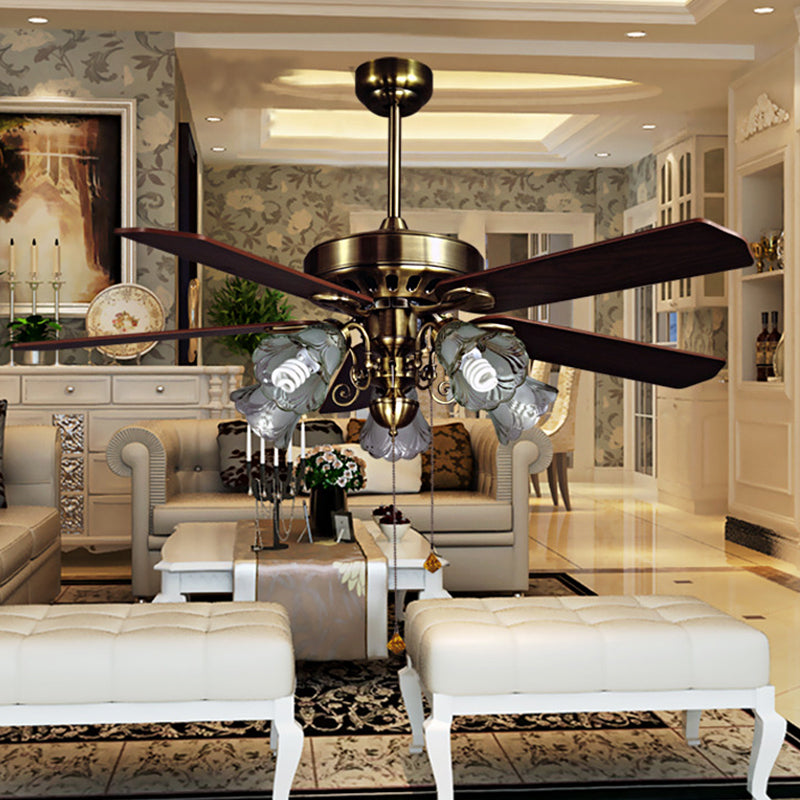 4-Blade Retro Floral Shade Ceiling Fan Light 5 Bulbs 52" W Smoke Grey Glass Semi Mount Lighting with Pull Chain Bronze Clearhalo 'Ceiling Fans with Lights' 'Ceiling Fans' Lighting' 2091685