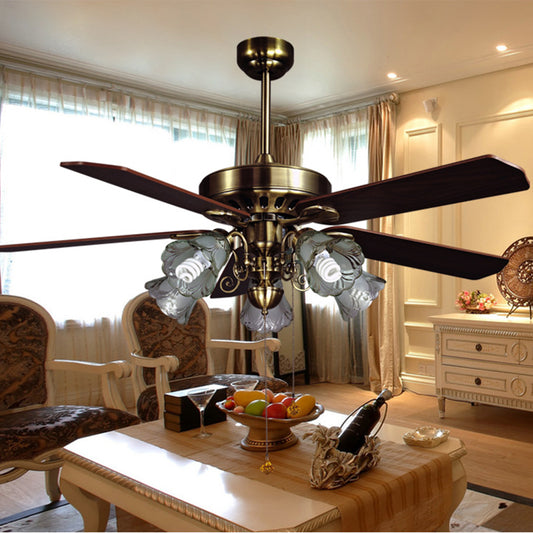 4-Blade Retro Floral Shade Ceiling Fan Light 5 Bulbs 52" W Smoke Grey Glass Semi Mount Lighting with Pull Chain Clearhalo 'Ceiling Fans with Lights' 'Ceiling Fans' Lighting' 2091686