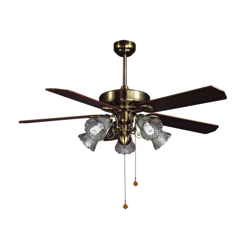 4-Blade Retro Floral Shade Ceiling Fan Light 5 Bulbs 52" W Smoke Grey Glass Semi Mount Lighting with Pull Chain Clearhalo 'Ceiling Fans with Lights' 'Ceiling Fans' Lighting' 2091687