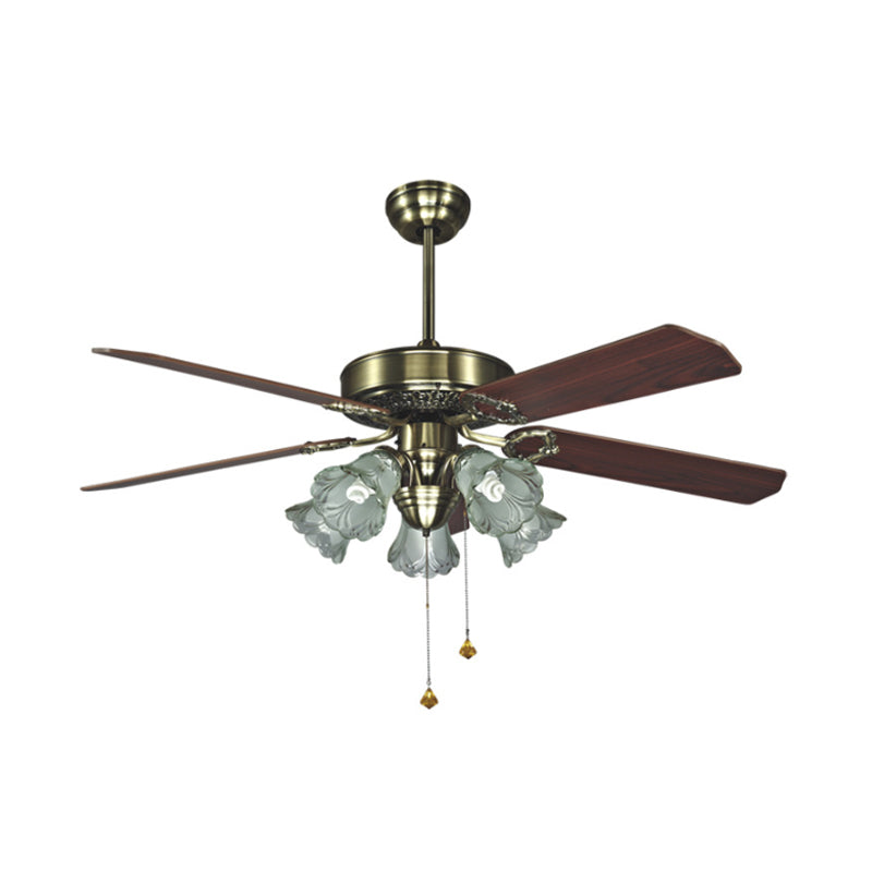 4-Blade Retro Floral Shade Ceiling Fan Light 5 Bulbs 52" W Smoke Grey Glass Semi Mount Lighting with Pull Chain Clearhalo 'Ceiling Fans with Lights' 'Ceiling Fans' Lighting' 2091689