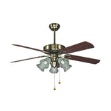 4-Blade Retro Floral Shade Ceiling Fan Light 5 Bulbs 52" W Smoke Grey Glass Semi Mount Lighting with Pull Chain Clearhalo 'Ceiling Fans with Lights' 'Ceiling Fans' Lighting' 2091689