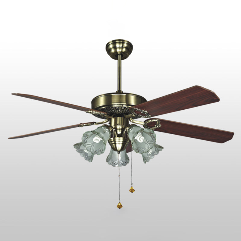 4-Blade Retro Floral Shade Ceiling Fan Light 5 Bulbs 52" W Smoke Grey Glass Semi Mount Lighting with Pull Chain Clearhalo 'Ceiling Fans with Lights' 'Ceiling Fans' Lighting' 2091690