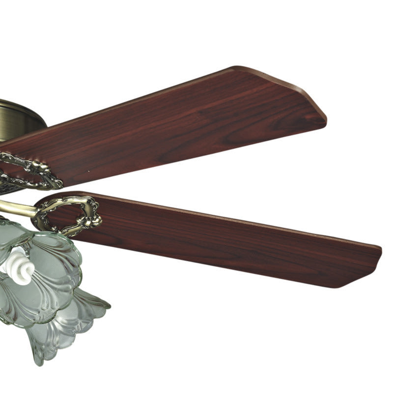 4-Blade Retro Floral Shade Ceiling Fan Light 5 Bulbs 52" W Smoke Grey Glass Semi Mount Lighting with Pull Chain Clearhalo 'Ceiling Fans with Lights' 'Ceiling Fans' Lighting' 2091691