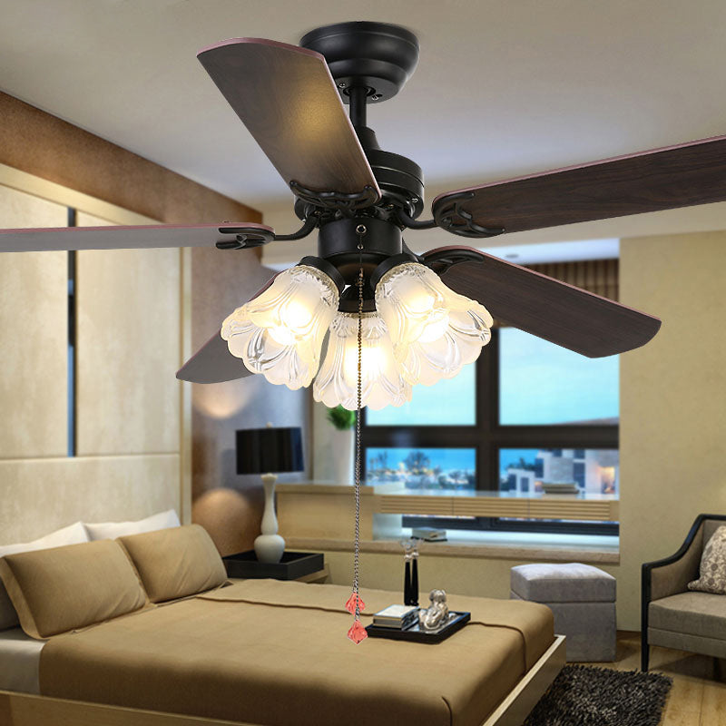 5 Blades Bell Frost Glass Semi Flush Mount Rustic 31.5" W 3 Heads Bedroom Pull Chain Ceiling Fan Light Fixture in Black Black Clearhalo 'Ceiling Fans with Lights' 'Ceiling Fans' Lighting' 2091692