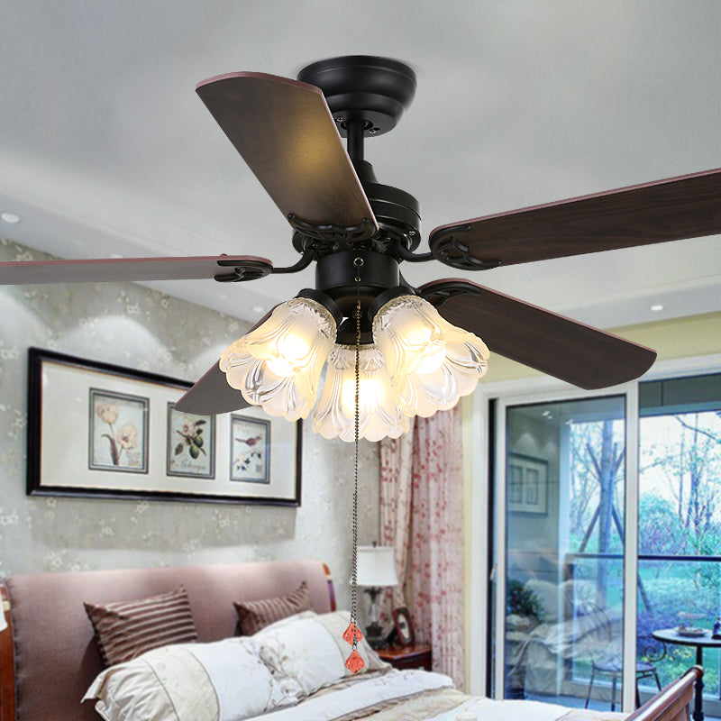 5 Blades Bell Frost Glass Semi Flush Mount Rustic 31.5" W 3 Heads Bedroom Pull Chain Ceiling Fan Light Fixture in Black Clearhalo 'Ceiling Fans with Lights' 'Ceiling Fans' Lighting' 2091694