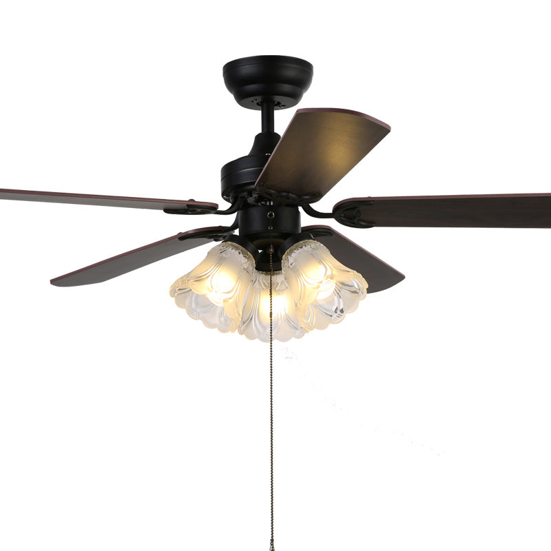 5 Blades Bell Frost Glass Semi Flush Mount Rustic 31.5" W 3 Heads Bedroom Pull Chain Ceiling Fan Light Fixture in Black Clearhalo 'Ceiling Fans with Lights' 'Ceiling Fans' Lighting' 2091695