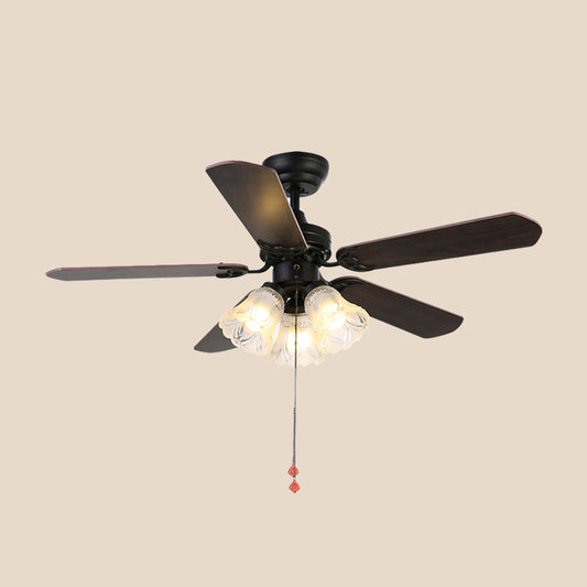 5 Blades Bell Frost Glass Semi Flush Mount Rustic 31.5" W 3 Heads Bedroom Pull Chain Ceiling Fan Light Fixture in Black Clearhalo 'Ceiling Fans with Lights' 'Ceiling Fans' Lighting' 2091696