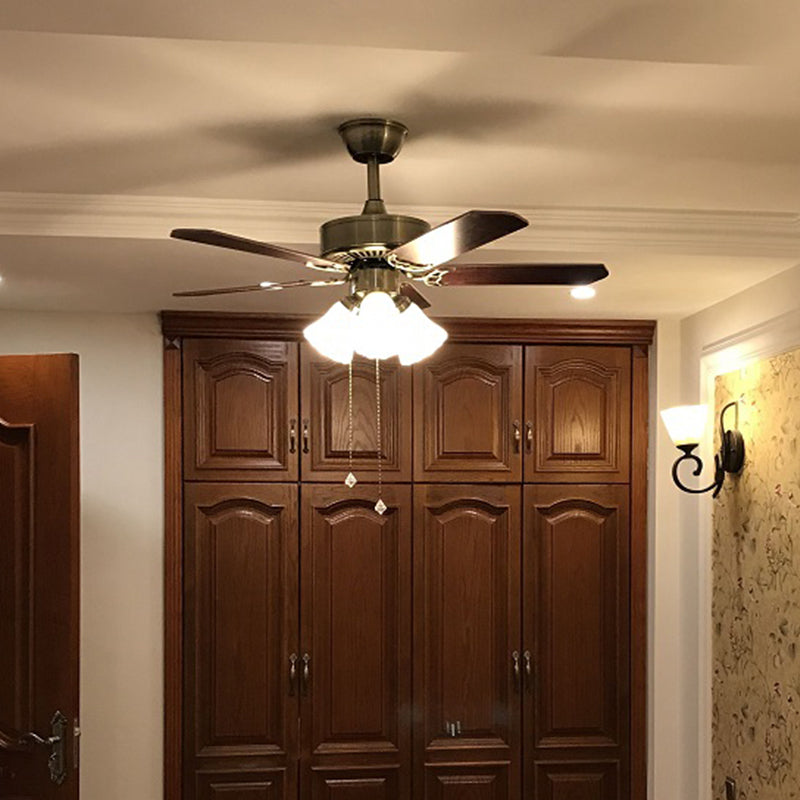 5-Blade Brass Floral Shade Hanging Fan Lamp Classic Frost Glass 3 Bulbs Living Room Semi Flush Light, 42.5" W Brass Clearhalo 'Ceiling Fans with Lights' 'Ceiling Fans' Lighting' 2091697