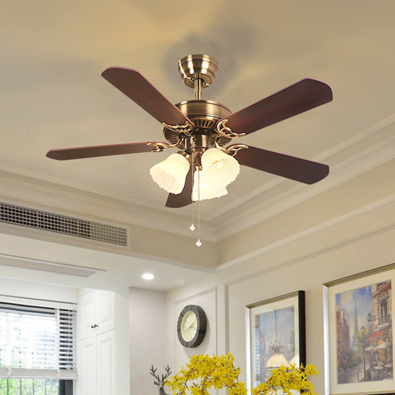 5-Blade Brass Floral Shade Hanging Fan Lamp Classic Frost Glass 3 Bulbs Living Room Semi Flush Light, 42.5" W Clearhalo 'Ceiling Fans with Lights' 'Ceiling Fans' Lighting' 2091698