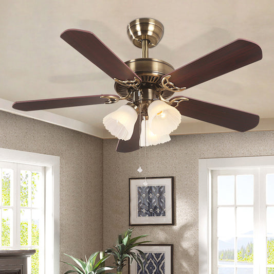 5-Blade Brass Floral Shade Hanging Fan Lamp Classic Frost Glass 3 Bulbs Living Room Semi Flush Light, 42.5" W Clearhalo 'Ceiling Fans with Lights' 'Ceiling Fans' Lighting' 2091699