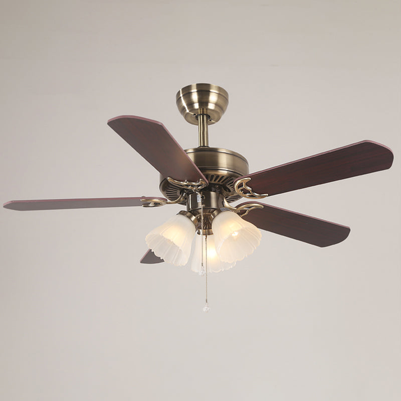 5-Blade Brass Floral Shade Hanging Fan Lamp Classic Frost Glass 3 Bulbs Living Room Semi Flush Light, 42.5" W Clearhalo 'Ceiling Fans with Lights' 'Ceiling Fans' Lighting' 2091700