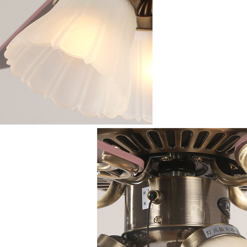 5-Blade Brass Floral Shade Hanging Fan Lamp Classic Frost Glass 3 Bulbs Living Room Semi Flush Light, 42.5" W Clearhalo 'Ceiling Fans with Lights' 'Ceiling Fans' Lighting' 2091702