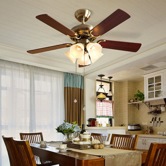 42" W Flower Dining Room Semi Flush Mount Traditional Cream Glass Brass 5-Blade Hanging Fan Light Fixture 5.0 Brass Clearhalo 'Ceiling Fans with Lights' 'Ceiling Fans' Lighting' 2091703