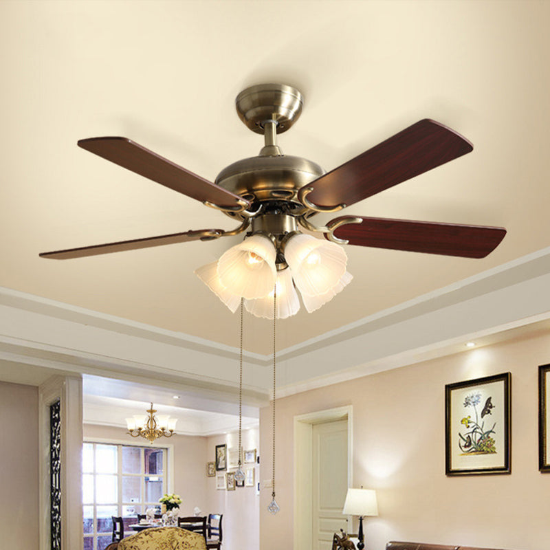 42" W Flower Dining Room Semi Flush Mount Traditional Cream Glass Brass 5-Blade Hanging Fan Light Fixture Clearhalo 'Ceiling Fans with Lights' 'Ceiling Fans' Lighting' 2091704