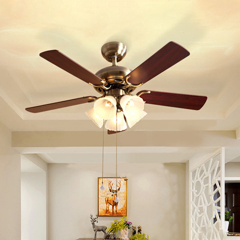 42" W Flower Dining Room Semi Flush Mount Traditional Cream Glass Brass 5-Blade Hanging Fan Light Fixture Clearhalo 'Ceiling Fans with Lights' 'Ceiling Fans' Lighting' 2091705