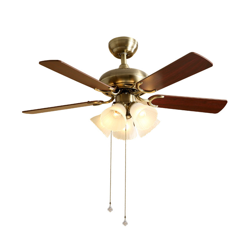 42" W Flower Dining Room Semi Flush Mount Traditional Cream Glass Brass 5-Blade Hanging Fan Light Fixture Clearhalo 'Ceiling Fans with Lights' 'Ceiling Fans' Lighting' 2091706