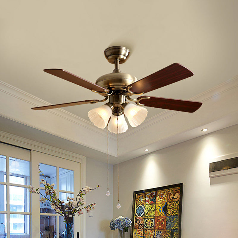 42" W Flower Dining Room Semi Flush Mount Traditional Cream Glass Brass 5-Blade Hanging Fan Light Fixture 3.0 Brass Clearhalo 'Ceiling Fans with Lights' 'Ceiling Fans' Lighting' 2091709