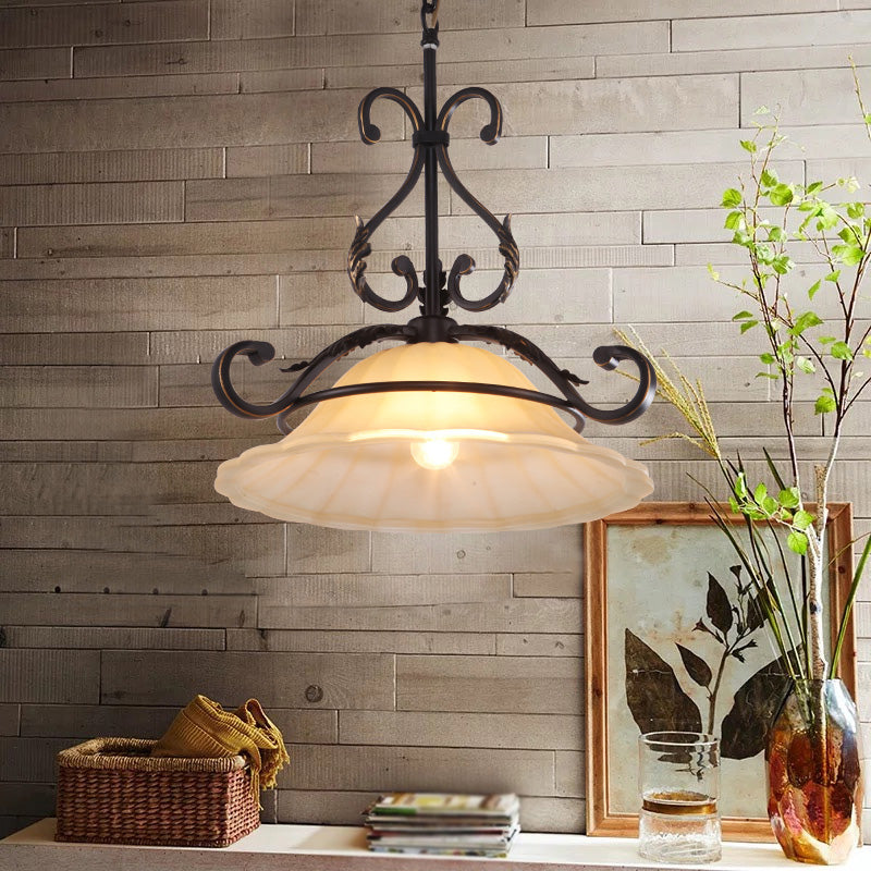 Curved Iron Suspension Lighting Classic 1 Head Dining Room Pendant Ceiling Light with Distressed White Glass Shade Clearhalo 'Ceiling Lights' 'Lighting' 'Pendant Lights' 2091728_5987ec81-882d-495b-9d50-11c0852c497a