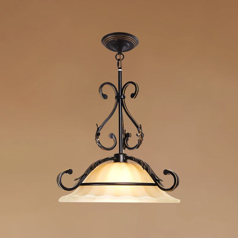 Curved Iron Suspension Lighting Classic 1 Head Dining Room Pendant Ceiling Light with Distressed White Glass Shade Clearhalo 'Ceiling Lights' 'Lighting' 'Pendant Lights' 2091731_046e8bcf-6d6b-4ede-ae41-140020581c78
