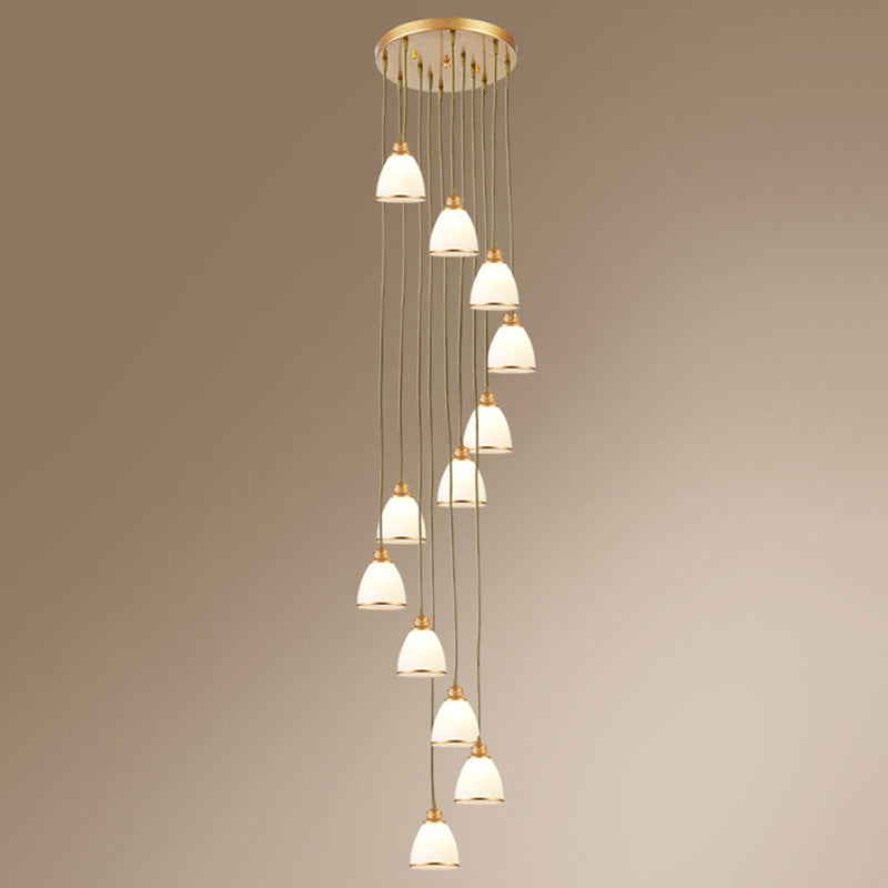 Traditional Bell Shade Multi Ceiling Light Cream Glass Suspension Lighting for Living Room 12 Gold Round Clearhalo 'Ceiling Lights' 'Chandeliers' 'Glass shade' 'Glass' 'Pendant Lights' 'Pendants' Lighting' 2091798
