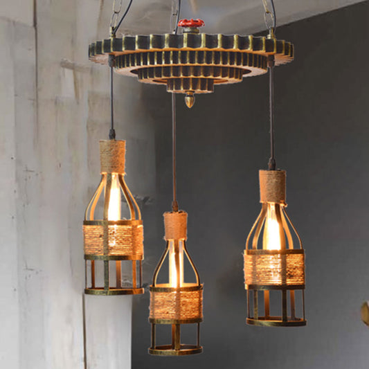 3-Light Rope and Metal Hanging Chandelier Industrial Bronze Bottle Dining Room Pendant Light Fixture with Gear Bronze Clearhalo 'Cast Iron' 'Ceiling Lights' 'Chandeliers' 'Industrial Chandeliers' 'Industrial' 'Metal' 'Middle Century Chandeliers' 'Rustic Chandeliers' 'Tiffany' Lighting' 209179