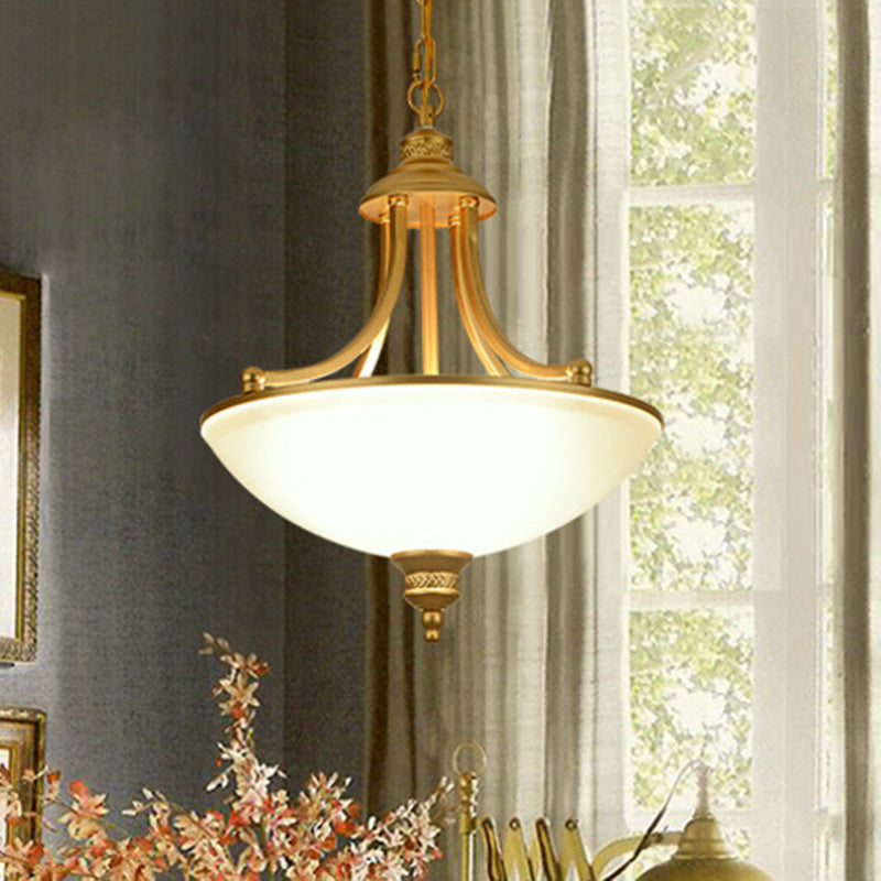 Inverted Dome Frost Glass Chandelier Light Classic 3 Heads Dining Room Pendant Light Fixture Gold Clearhalo 'Ceiling Lights' 'Chandeliers' Lighting' options 2091804_12d6b824-ba87-4573-981a-456f90af1774